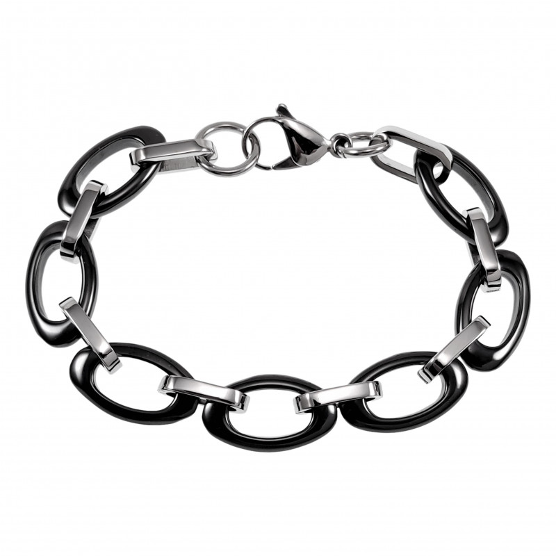 Brede Schakelsarmband - Ovale Design - Zwart Keramiek - Titanium Staal - Armband Dames