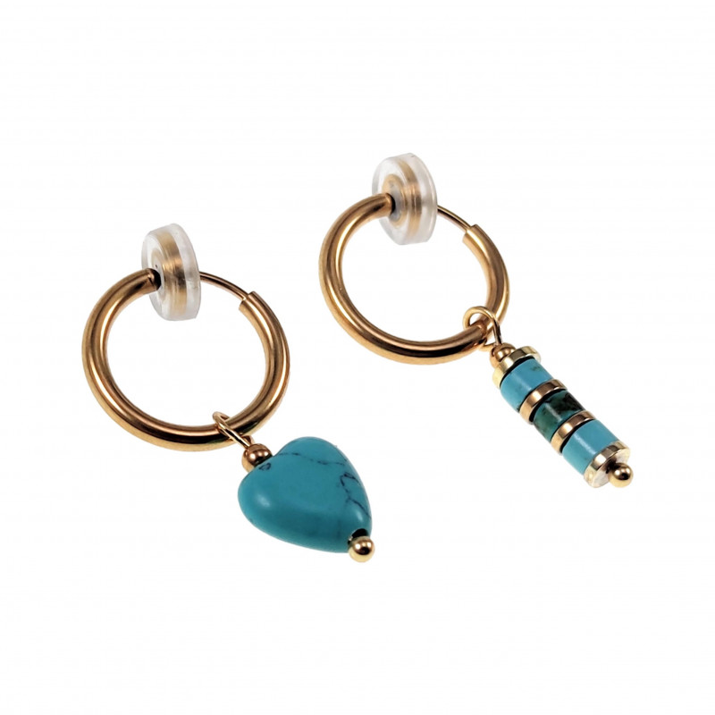 ∅16mm Oorclips met Turkoois Hart en Buis Hangers - Verguld RVS Dames ∅16mm Oorclips met Turkoois Hart en Buis Hangers - Verguld RVS Dames