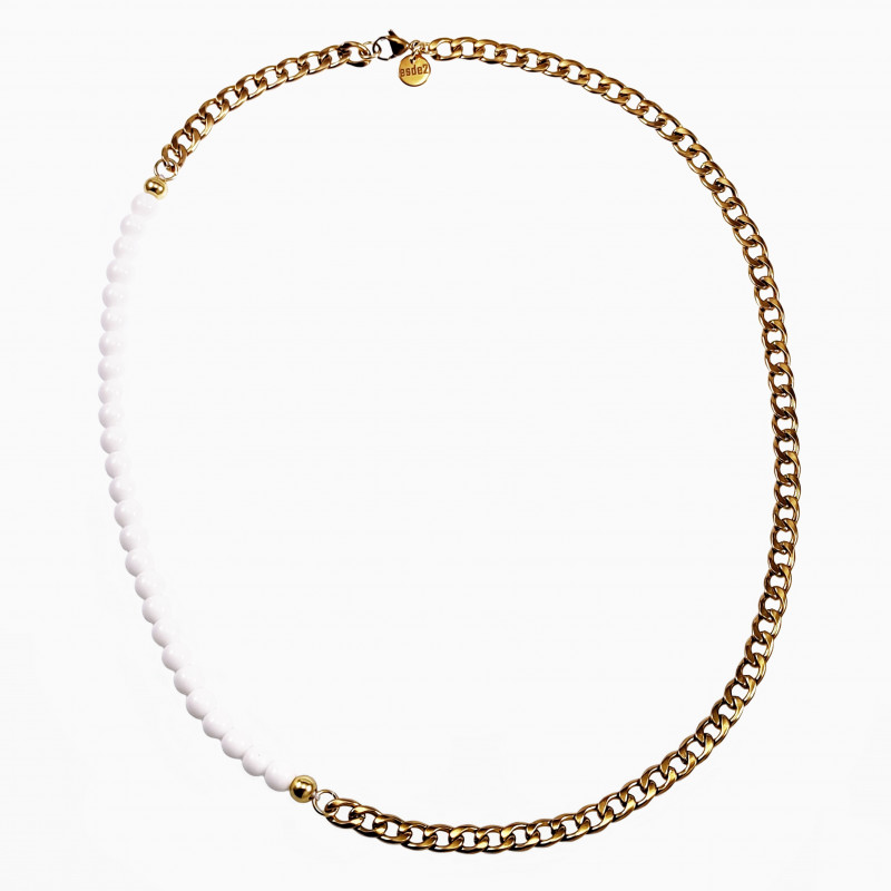 Witte Kralen Ketting Verguld RVS Cubaanse lketting met Agaatstenen Witte Kralen Ketting Verguld RVS Cubaanse lketting met Agaatstenen