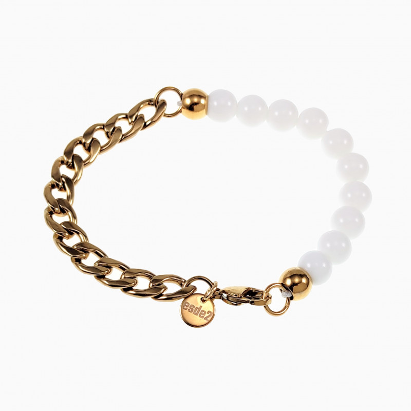 Witte Agaat Kralen Armband Heren Verguld RVS Cubaanse Schakelarmband Witte Agaat Kralen Armband Heren Verguld RVS Cubaanse Schakelarmband