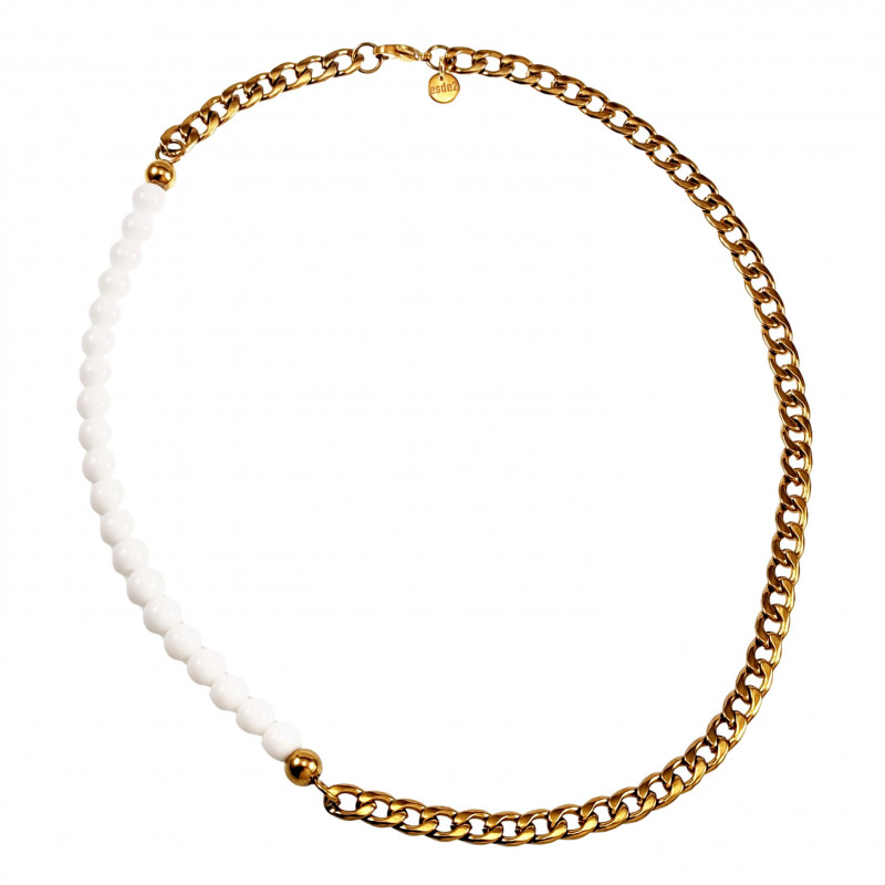 Witte Kralen Ketting Verguld RVS Cubaanse lketting met Agaatstenen Witte Kralen Ketting Verguld RVS Cubaanse lketting met Agaatstenen