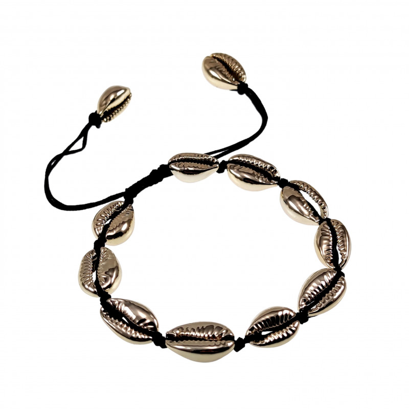 Schelpen Enkelbandje Unisex - Zwart Nylon Koord - Natuurlijke Goudkleurig Schelpen Armband - Verstelbaar