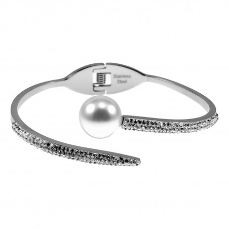 Bangle Dames - Roestvrij Staal - Open Armband met Parel en Zirkonias