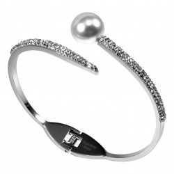 Bangle Dames - Roestvrij Staal - Open Armband met Parel en Zirkonias