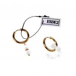 ∅19mm Oorringen Dames - Witte Kattenoog Natuursteen - Verguld RVS - Oorbellen met Kralen Hangers