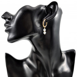 ∅19mm Oorringen Dames - Witte Kattenoog Natuursteen - Verguld RVS - Oorbellen met Kralen Hangers