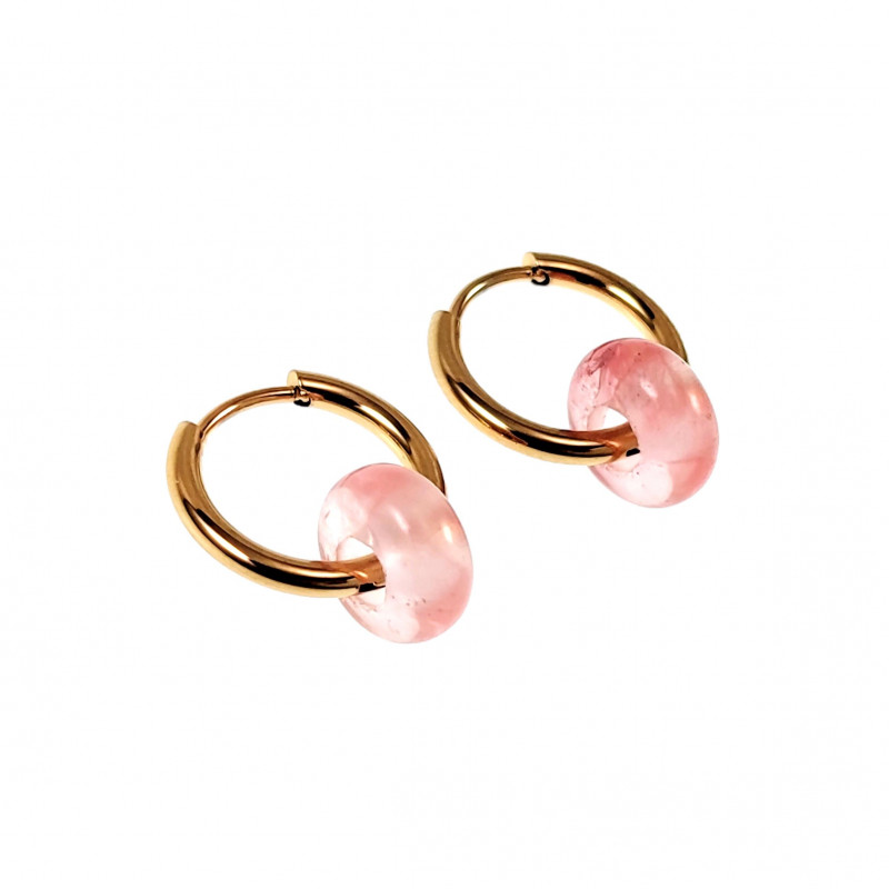 ∅18mm Oorringen met Donut Roze Kwarts stenen Hangers Verguld RVS ∅18mm Oorringen met Donut Roze Kwarts stenen Hangers Verguld RVS
