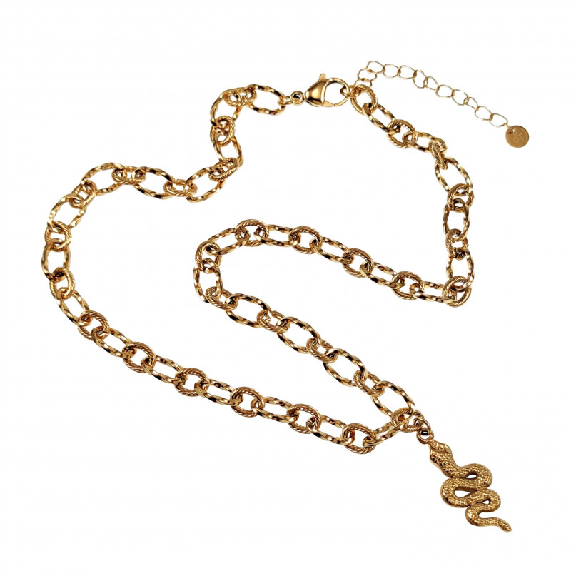 Gedraaid Ovale Ketting met Slangen Hanger 14k Geel Goud Plated RVS Gedraaid Ovale Ketting met Slangen Hanger 14k Geel Goud Plated RVS