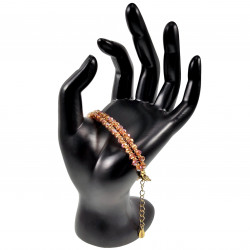 Dubbele Armband Dames - Verguld Roestvrij Stalen - Gefacetteerde Kristallen - Goudbruine Kralenarmband - Verstelbaar