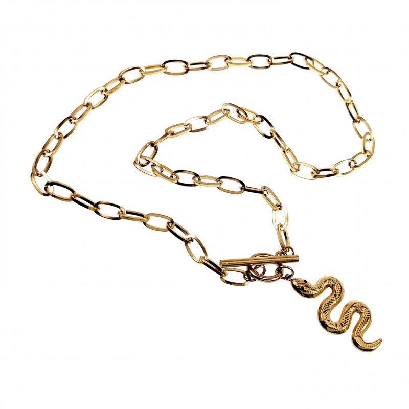 Dames Ovale Schakelketting met Slangenhanger Verguld RVS Halsketting Dames Ovale Schakelketting met Slangenhanger Verguld RVS Halsketting