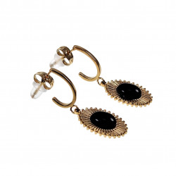 Lange Oorbellen Dames - Zwarte Steen Verguld RVS Oorbellen met Hanger