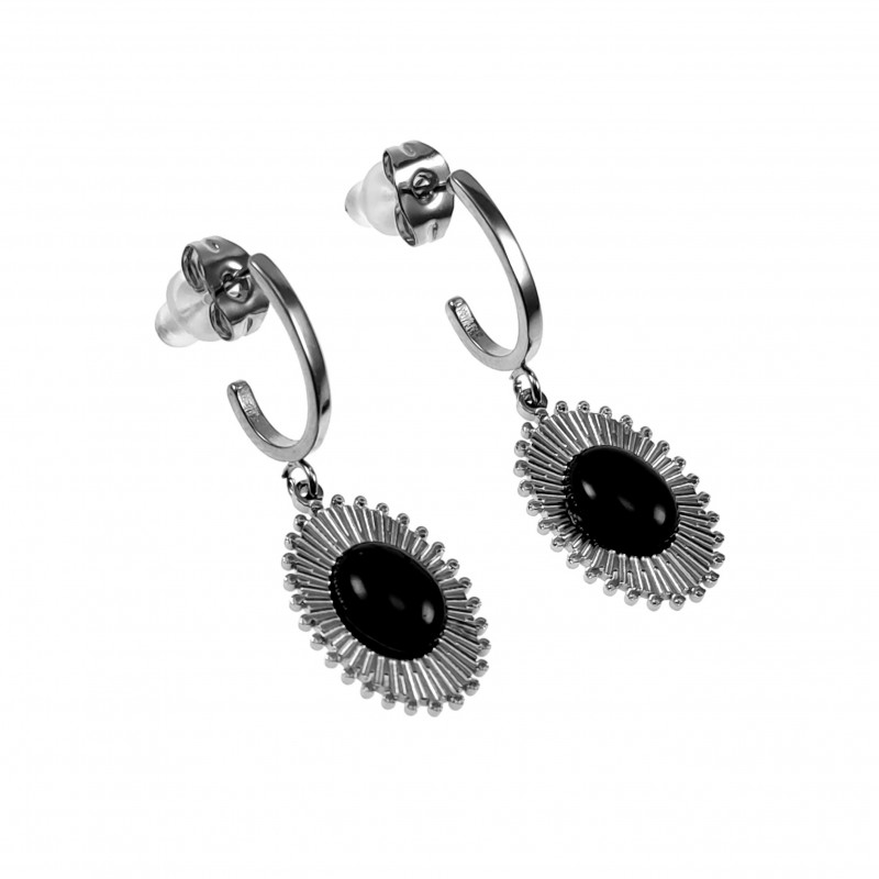 Lange Oorbellen Dames - Zwarte Steen RVS Oorbellen met Hanger Lange Oorbellen Dames - Zwarte Steen RVS Oorbellen met Hanger