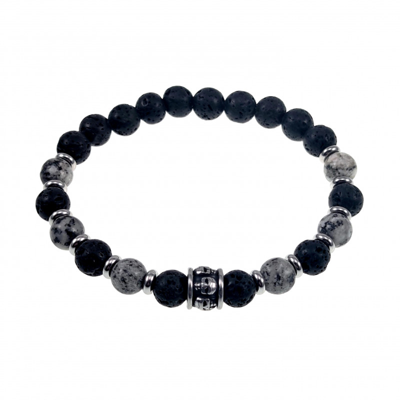 RVS Skull Grijze-zwarte Natuursteen Armband Elastische Kralen Armband RVS Skull Grijze-zwarte Natuursteen Armband Elastische Kralen Armband