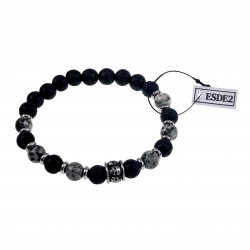 RVS Skull Grijze-zwarte Natuursteen Armband Elastische Kralen Armband