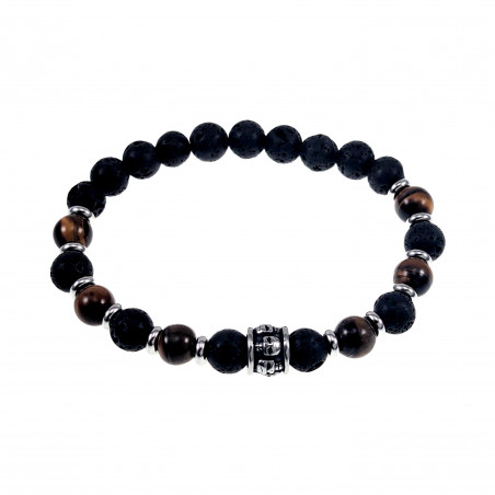 RVS Skull Bruin-zwarte Natuursteen Armband Elastische Kralen