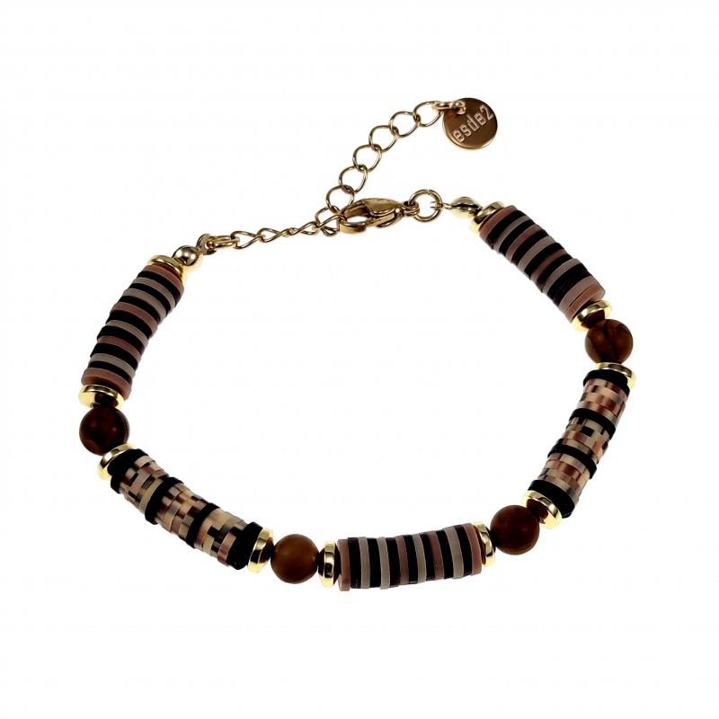 Bruine Polymeerklei Kralen Armband Dames - Verguld RVS - Verstelbaar Bruine Polymeerklei Kralen Armband Dames - Verguld RVS - Verstelbaar