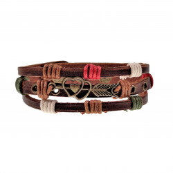 Unisex Houtkleurige Bruin Leer Armband met Dubbele Hart Bronskleurige