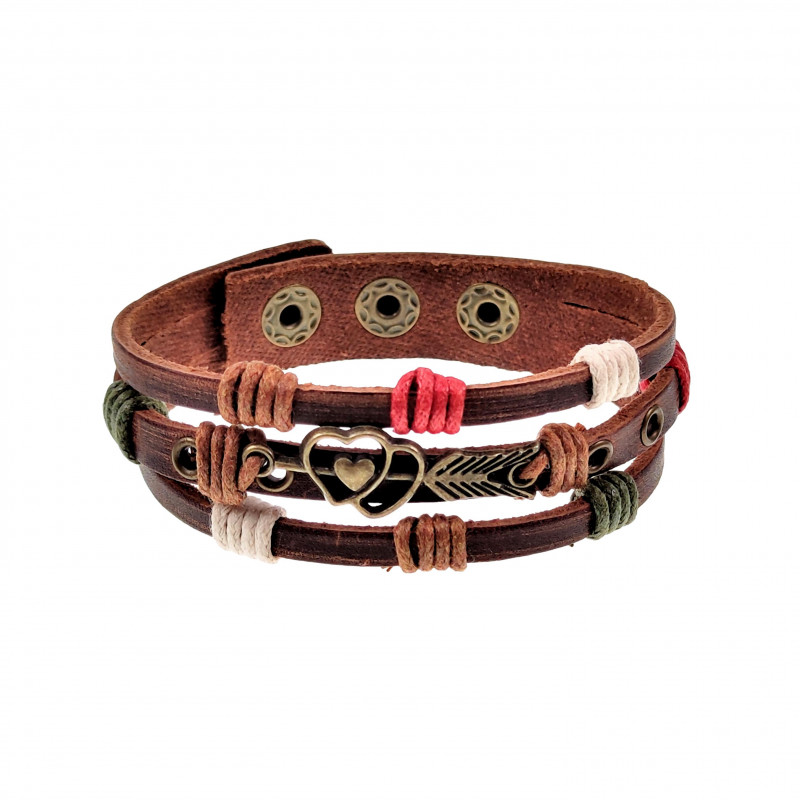 Unisex Houtkleurige Bruin Leer Armband met Dubbele Hart Bronskleurige Unisex Houtkleurige Bruin Leer Armband met Dubbele Hart Bronskleurige