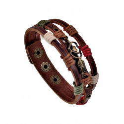 Unisex Houtkleurige Bruin Leer Armband met Dubbele Hart Bronskleurige