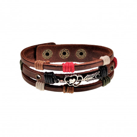 Unisex Houtkleurige Bruin Leer Armband met Dubbele Hart Zilverkleurige