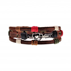Unisex Houtkleurige Bruin Leer Armband met Dubbele Hart Zilverkleurige