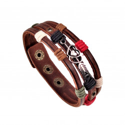 Unisex Houtkleurige Bruin Leer Armband met Dubbele Hart Zilverkleurige