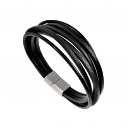 Armband Unisex - Zwart Echt Leer - RVS Sluiting - 6 Snoeren Leder Armband