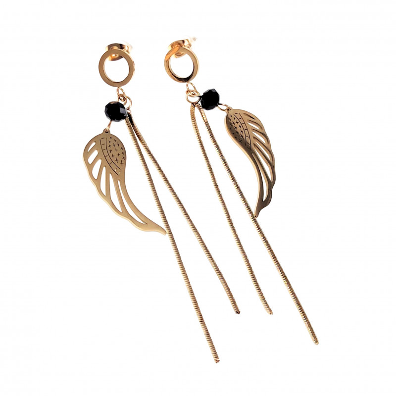 Lange Oorbellen met Ketting en Veer Hanger Oorhangers - Verguld RVS Lange Oorbellen met Ketting en Veer Hanger Oorhangers - Verguld RVS