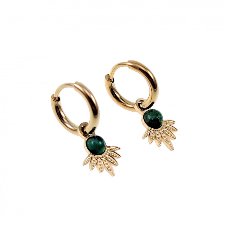 Oorbellen Dames Groene Steen Verguld RVS Oorringen met Waaier Hanger Oorbellen Dames Groene Steen Verguld RVS Oorringen met Waaier Hanger