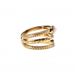 Verstelbaar Ring Dames - Drielaagse Design - RVS Gold Plated - Een Maat - Brede Ring met Witte Szeen - Dottilove