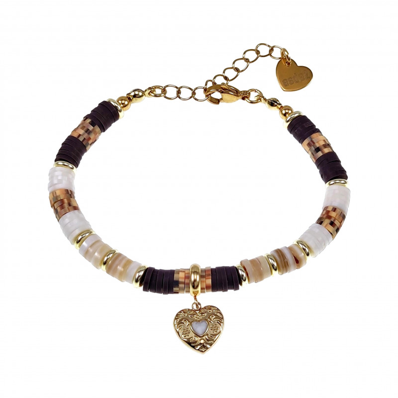 Verstelbaar Polymeerklei Armband - Hart Hanger Bruin Wit Verguld RVS