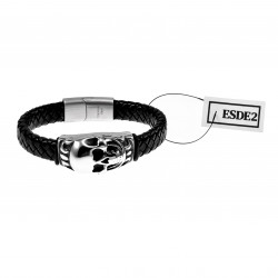 Armband Heren - Zwarte Leren - RVS - Gevlochten Armband met Schedel