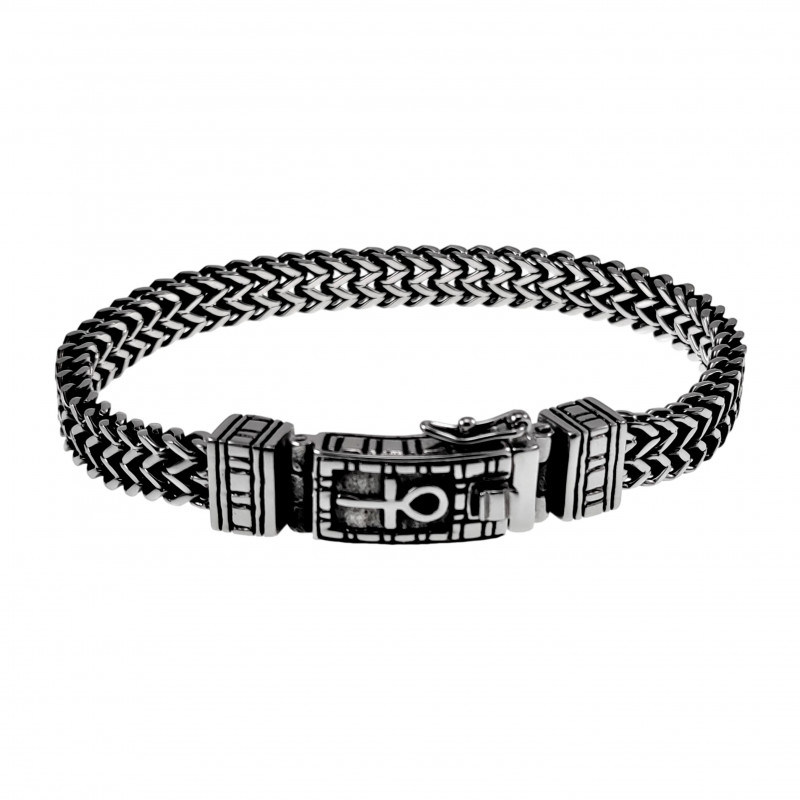 Armband Heren - Gepolijst RVS - Visgraat Schakelsarmband - Armband met Egyptisch Kruis