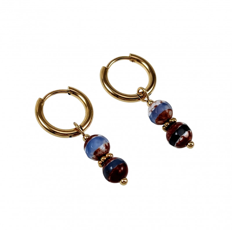 ∅16mm Oorbellen Dames - Verguld RVS - Oorringen met Blauwbruine Dzi-Ágaat Kralen Hanger - Bungelen Oorbellen