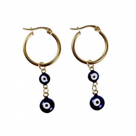 ∅20mm Oorbellen Twee Blauwe Turkse Oog Hanger Verguld RVS Oorringen