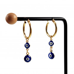 ∅20mm Oorbellen Twee Blauwe Turkse Oog Hanger Verguld RVS Oorringen