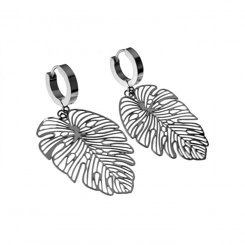 Langer Oorbellen met Bladhangers Monstera Dames Earrings - Gepolijst RVS Langer Oorbellen met Bladhangers Monstera Dames Earrings - Gepolijst RVS