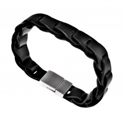 Armband Heren - Zwarte Leren - RVS - Gevlochten Armband