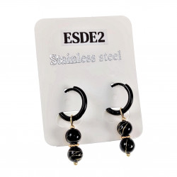∅14mm Oorbellen met Agaatkralen Hanger Dames - Zwarte PVD Coating RVS