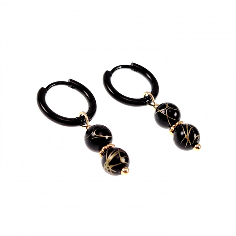 ∅14mm Oorbellen met Agaatkralen Hanger Dames - Zwarte PVD Coating RVS ∅14mm Oorbellen met Agaatkralen Hanger Dames - Zwarte PVD Coating RVS