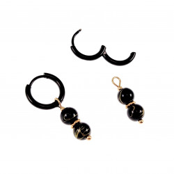 ∅14mm Oorbellen met Agaatkralen Hanger Dames - Zwarte PVD Coating RVS