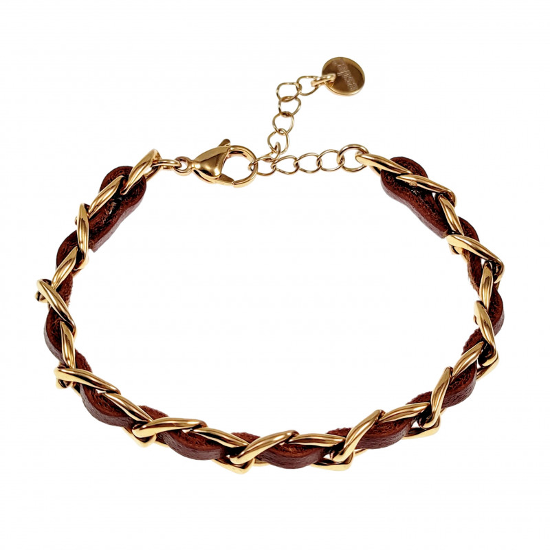 19cm - 23cm x 7,5mm Cubaanse Armband met Bruin Leer Dames Verguld RVS 19cm - 23cm x 7,5mm Cubaanse Armband met Bruin Leer Dames Verguld RVS