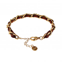 19cm - 23cm x 7,5mm Cubaanse Armband met Bruin Leer Dames Verguld RVS