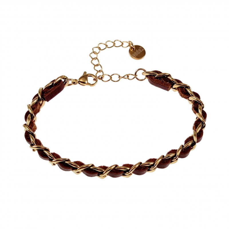 19cm - 23cm x 7,5mm Cubaanse Armband met Bruin Leer Verguld RVS Dames 19cm - 23cm x 7,5mm Cubaanse Armband met Bruin Leer Verguld RVS Dames