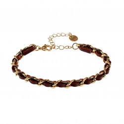 19cm - 23cm x 7,5mm Cubaanse Armband met Bruin Leer Verguld RVS Dames