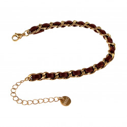 19cm - 23cm x 7,5mm Cubaanse Armband met Bruin Leer Verguld RVS Dames