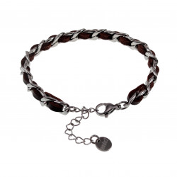 18,5cm tot 23,5cm x 7mm Cubaanse Armband met Bruin Leer RVS Zilverkleur