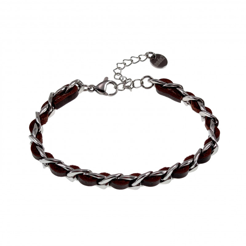 18,5cm tot 23,5cm x 7mm Cubaanse Armband met Bruin Leer RVS Zilverkleur 18,5cm tot 23,5cm x 7mm Cubaanse Armband met Bruin Leer RVS Zilverkleur