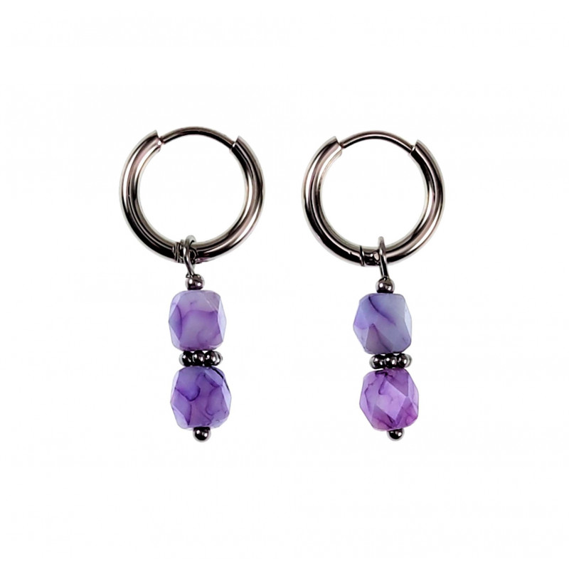 ∅14mm Oorbellen Dames - Gepolist RVS - Oorringen met Lila Glaskralen ∅14mm Oorbellen Dames - Gepolist RVS - Oorringen met Lila Glaskralen