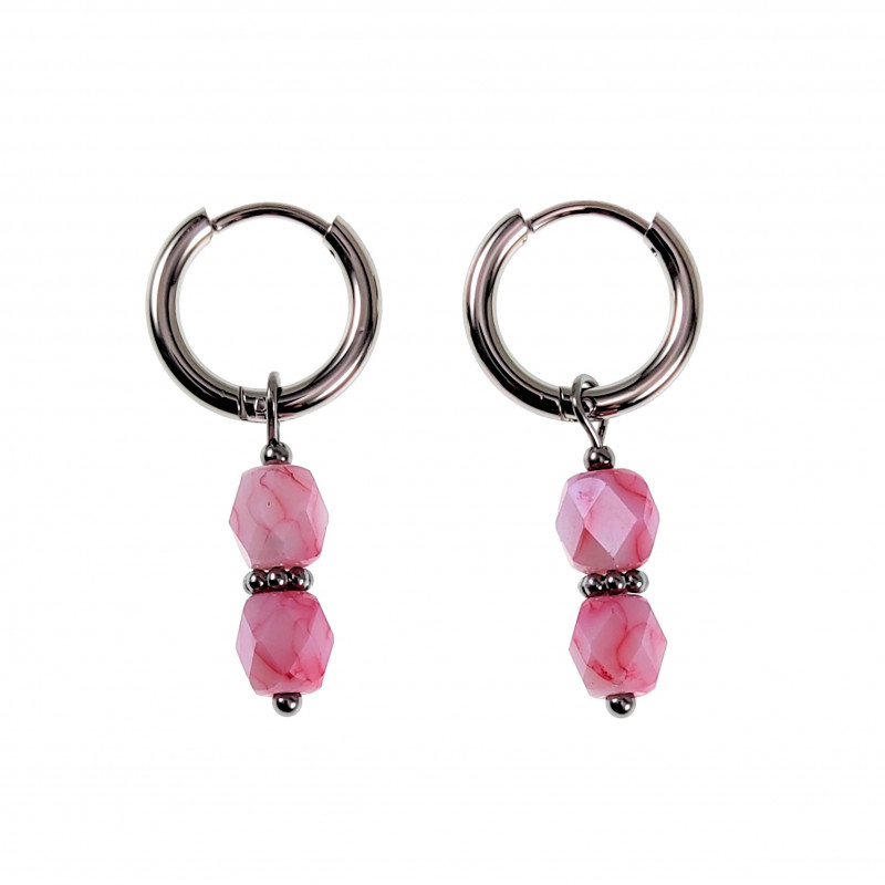 ∅14mm Oorbellen Dames - Gepolist RVS - Oorringen met Roze Glaskralen Hanger